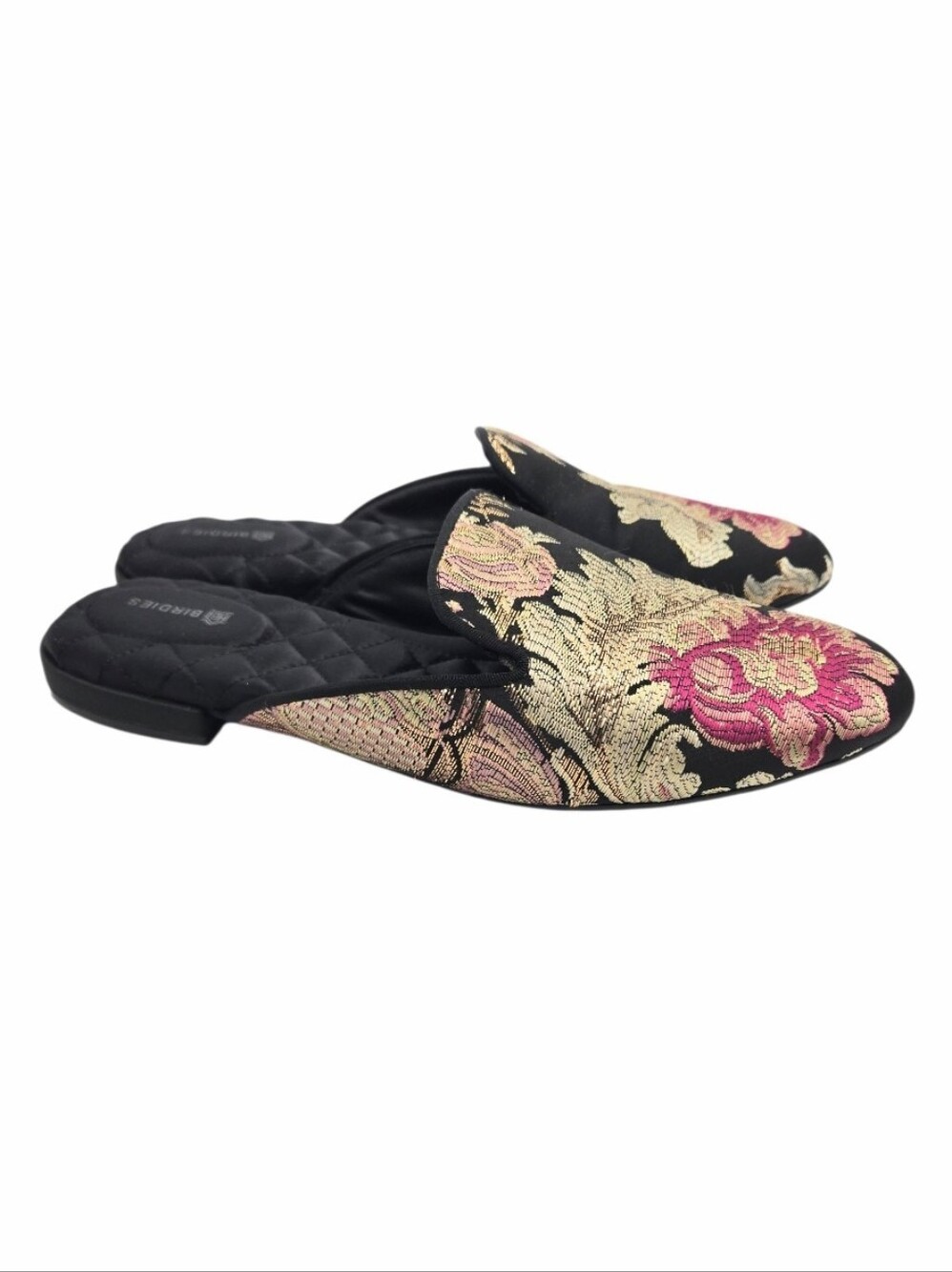 Birdies Phoebe Black Floral Slip-On Slides Jacquard Pink & Gold Loafers